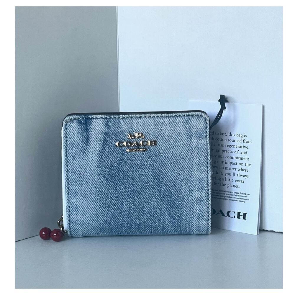 Coach Snap Wallet CEC35 Loved Denim Light Indigo Cherry Charm